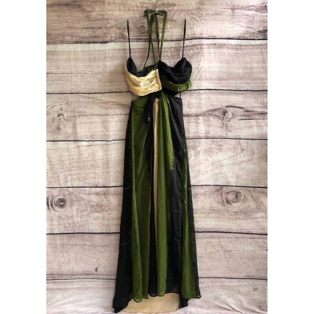 Fashion Nova Maxi Dress 1X Green Black Cut Out Sheer Lined Side Slit Gypsy Love